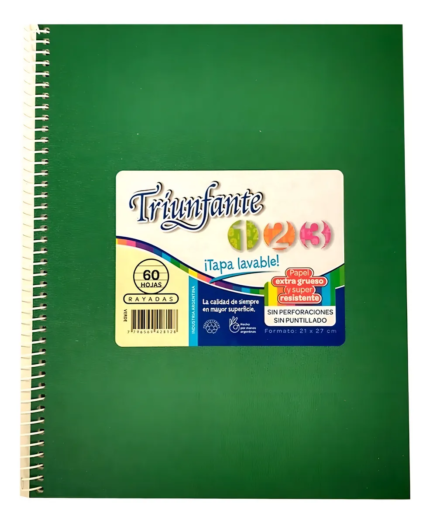CUADERNO TRIUNFANTE 123 ESPIRAL 21x27 60 HOJAS VERDE CUADRO