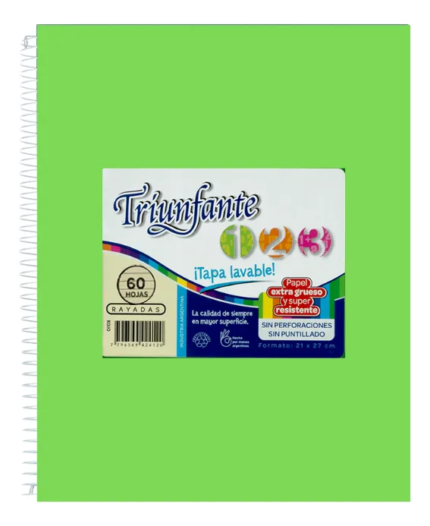 CUADERNO TRIUNFANTE 123 ESPIRAL 21x27 60 HOJAS VERDE MANZANA RAYA